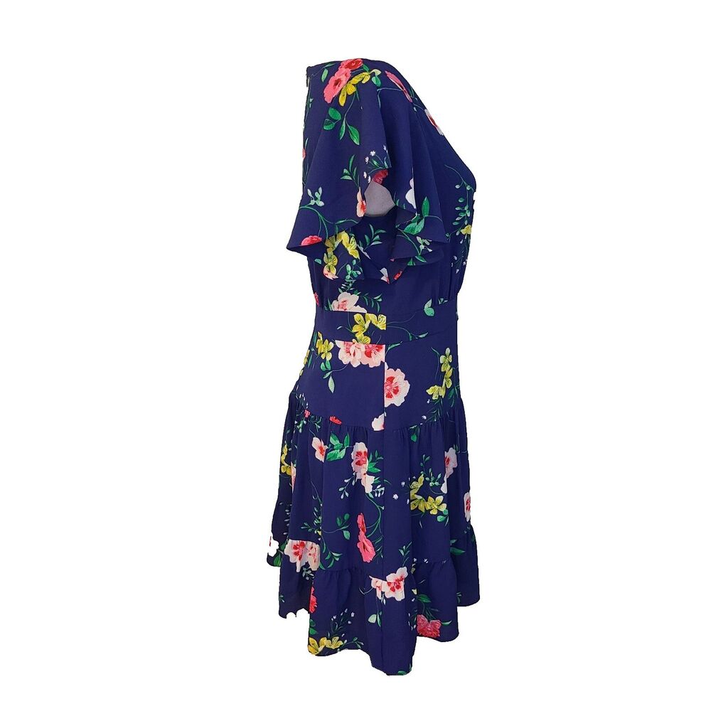 Eliza J Flutter Sleeve Floral Dress Sz 10 Navy Tiered Ruffle Hem Boho Event NWOT - Picture 4 of 10